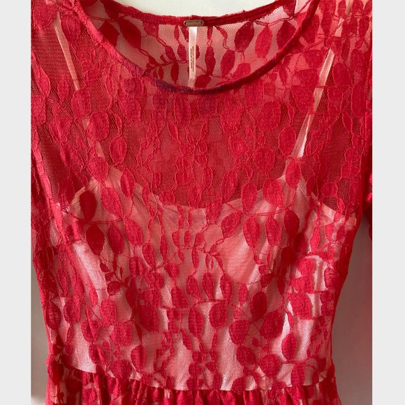 Free People Red Lace Leaf Print Dress (Size 0) - Picture 4 of 4